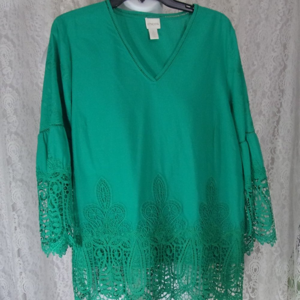 Chico's Jade Green Top Blouse Accent Lace